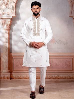 White embroidered fancy kurta payjama for men 1