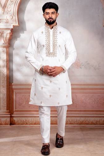 White embroidered fancy kurta payjama for men