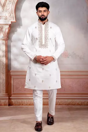 White embroidered fancy kurta payjama for men