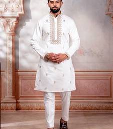 White embroidered fancy kurta payjama for men