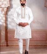 White embroidered fancy kurta payjama for men
