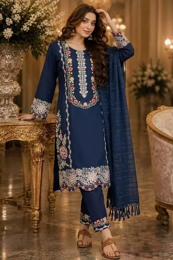 Navy blue satin rayon kurta pant with dupatta set