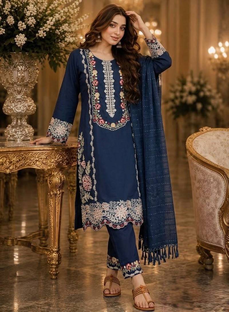 Navy blue satin rayon kurta pant with dupatta set