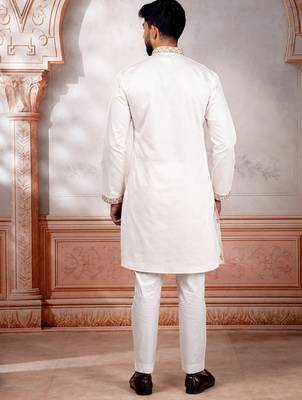 White embroidered fancy kurta payjama for men 2