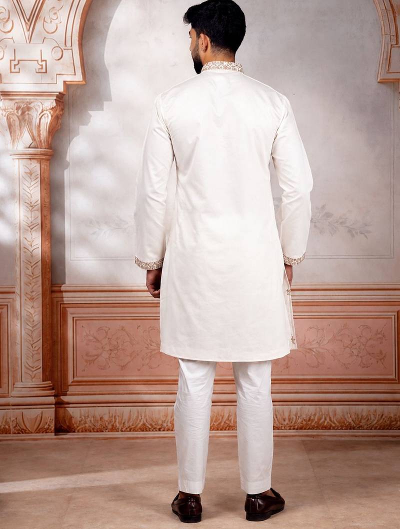 White embroidered fancy kurta payjama for men