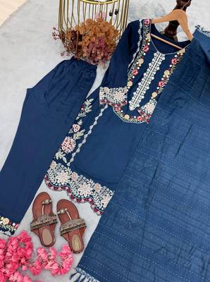 Navy blue satin rayon kurta pant with dupatta set 2
