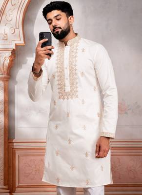 White embroidered fancy kurta payjama for men 3