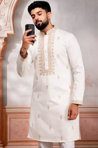 White embroidered fancy kurta payjama for men