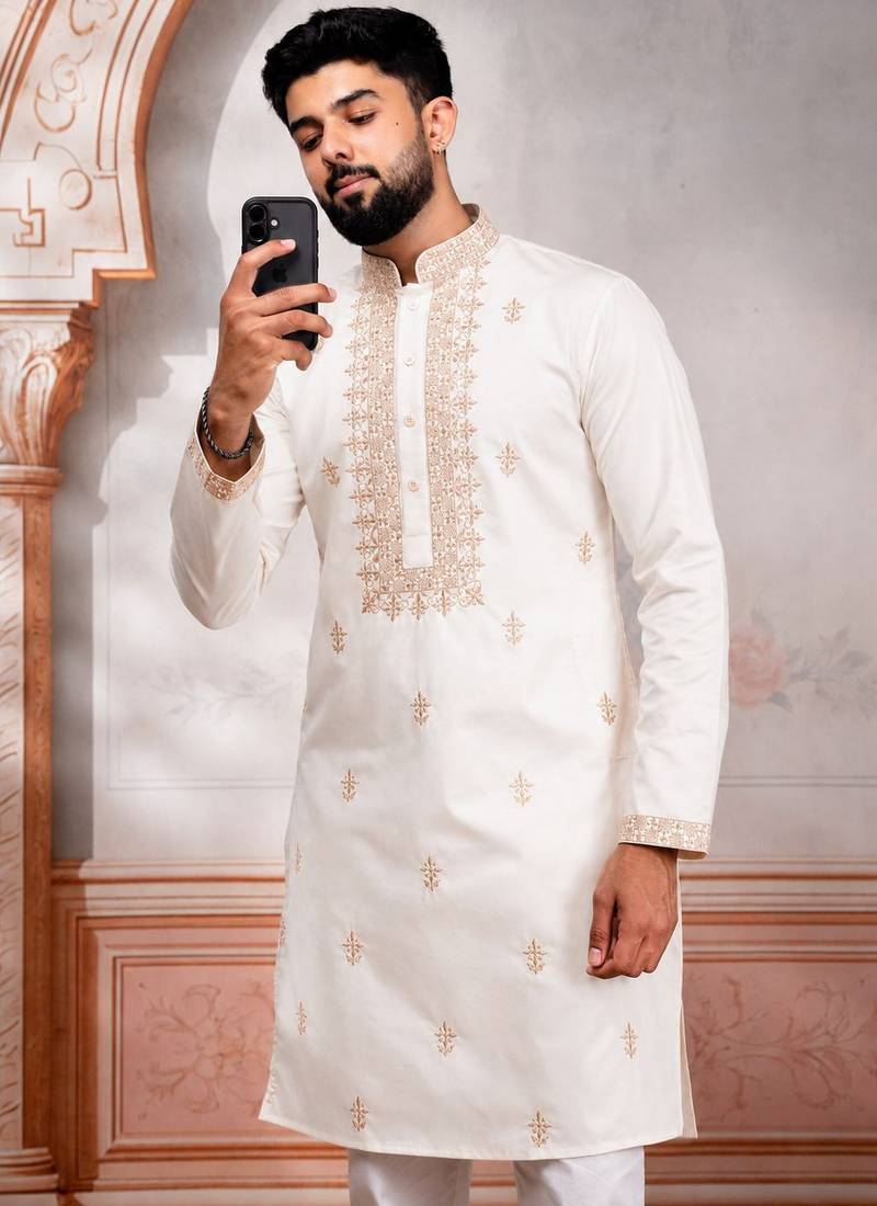 White embroidered fancy kurta payjama for men