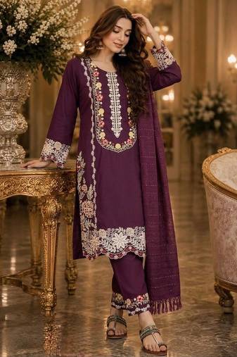 Wine satin rayon kurta pant with dupatta set