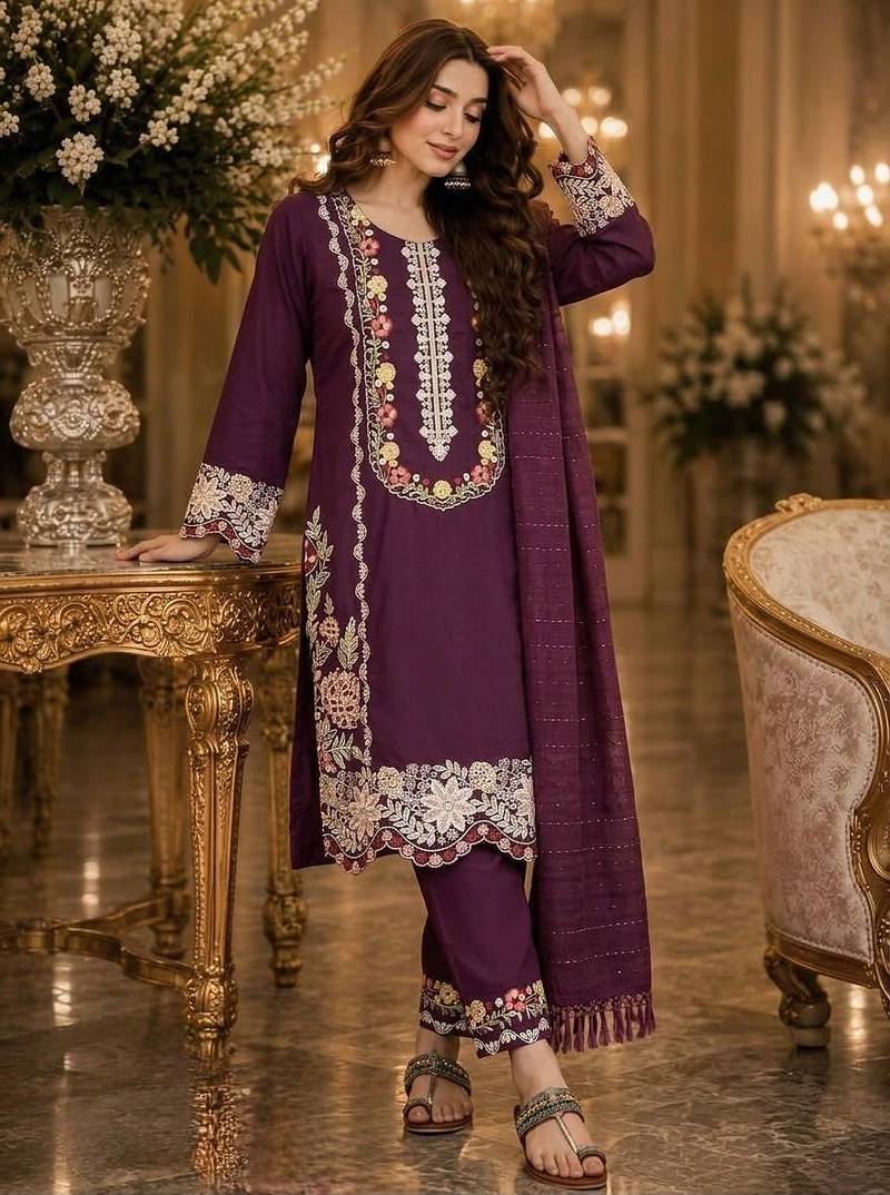 Wine satin rayon kurta pant with dupatta set