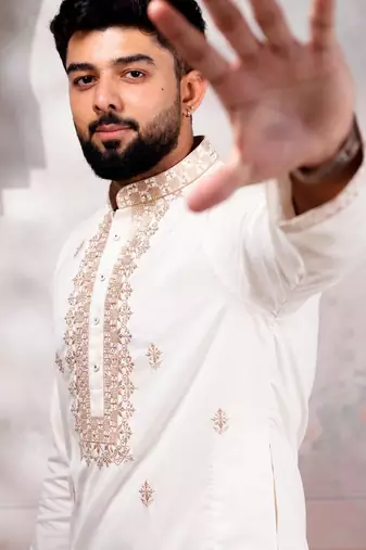 White embroidered fancy kurta payjama for men