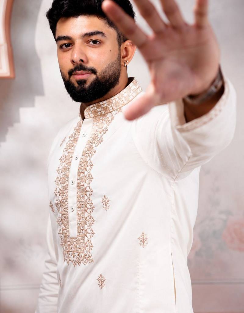 White embroidered fancy kurta payjama for men