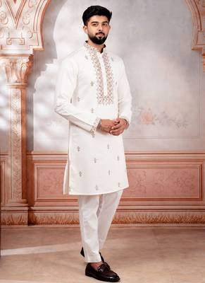 White embroidered fancy kurta payjama for men 5