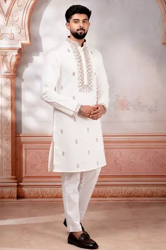White embroidered fancy kurta payjama for men