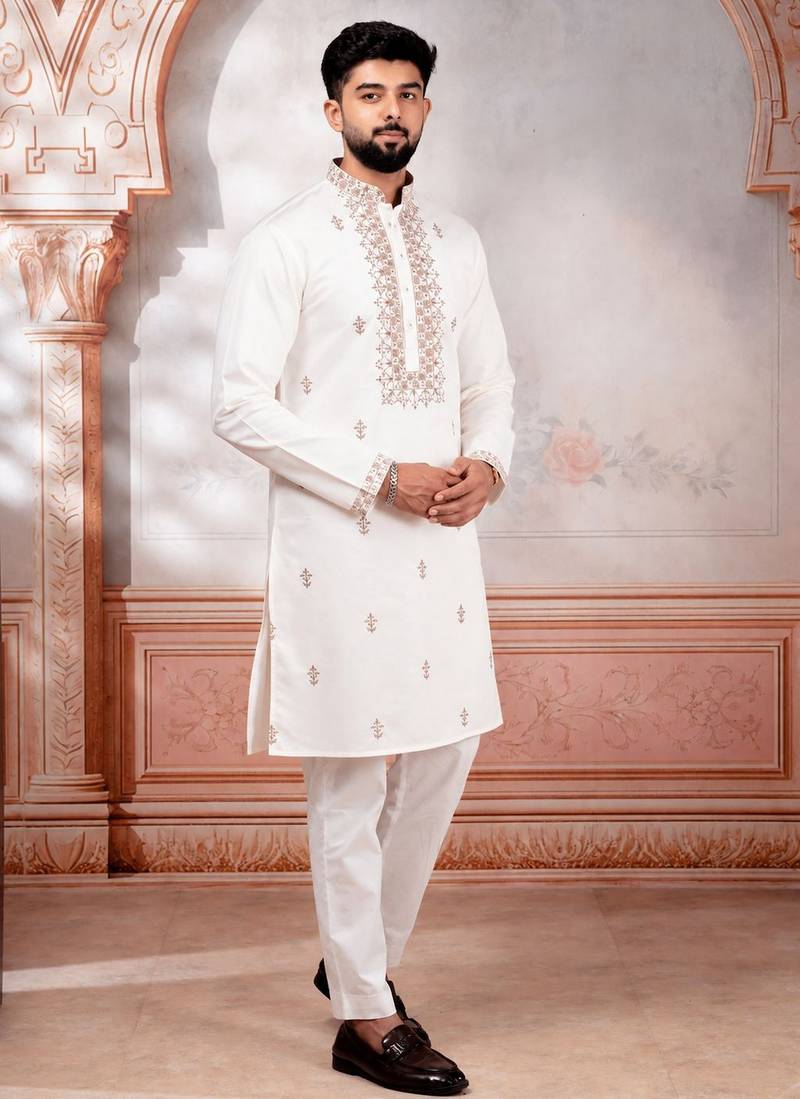 White embroidered fancy kurta payjama for men