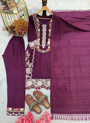 Wine satin rayon kurta pant with dupatta set 2