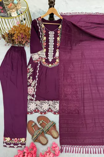 Wine satin rayon kurta pant with dupatta set