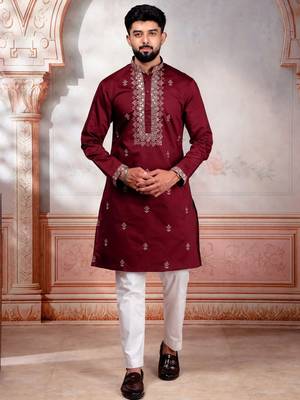Maroon embroidered fancy kurta payjama for men 1