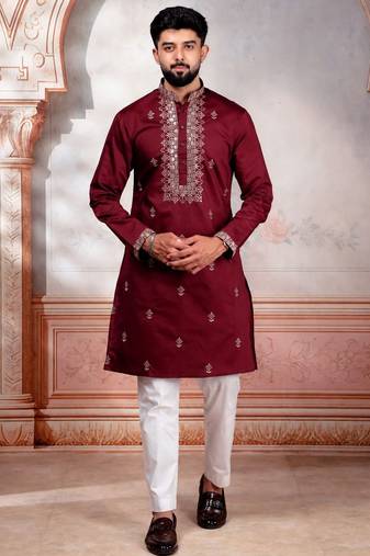 Maroon embroidered fancy kurta payjama for men