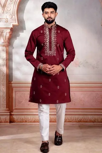 Maroon embroidered fancy kurta payjama for men