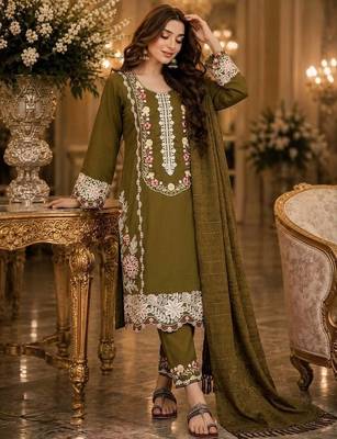 Olive satin rayon kurta pant with dupatta set 1