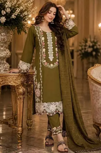Olive satin rayon kurta pant with dupatta set