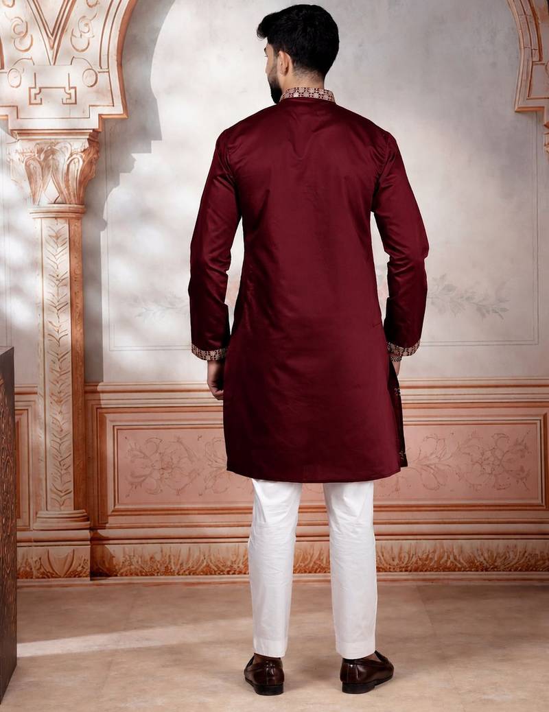 Maroon embroidered fancy kurta payjama for men