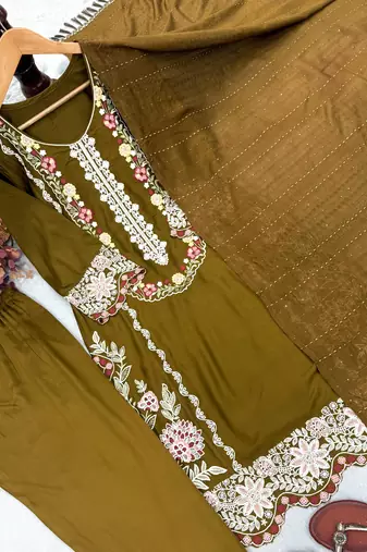 Olive satin rayon kurta pant with dupatta set