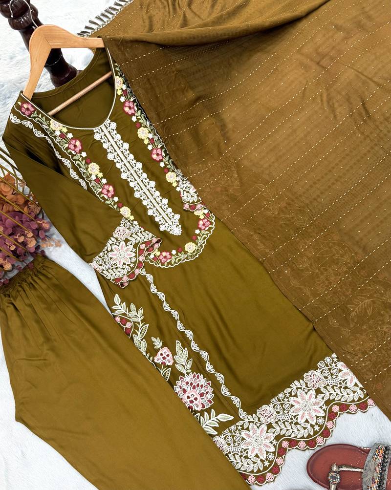 Olive satin rayon kurta pant with dupatta set