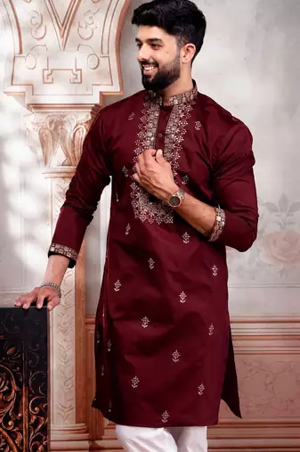 Maroon embroidered fancy kurta payjama for men