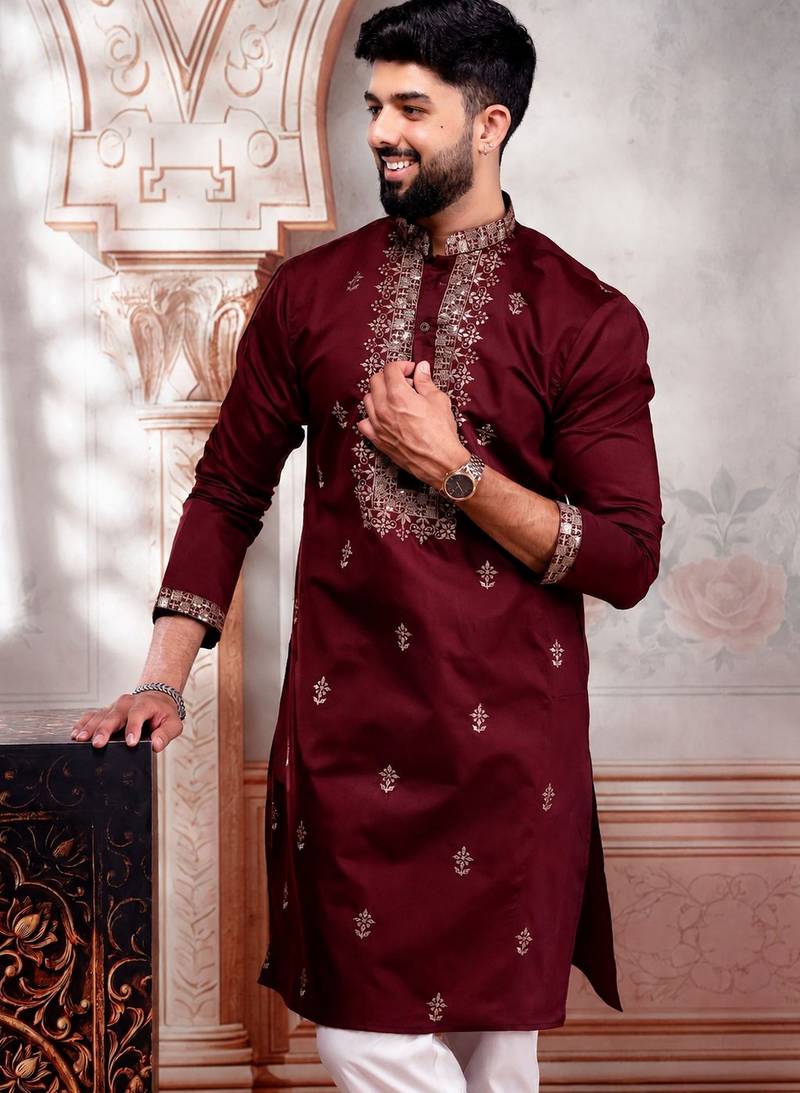 Maroon embroidered fancy kurta payjama for men