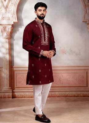 Maroon embroidered fancy kurta payjama for men 4