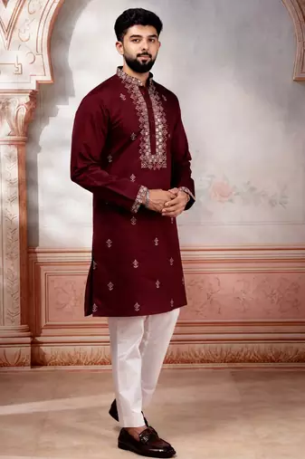 Maroon embroidered fancy kurta payjama for men