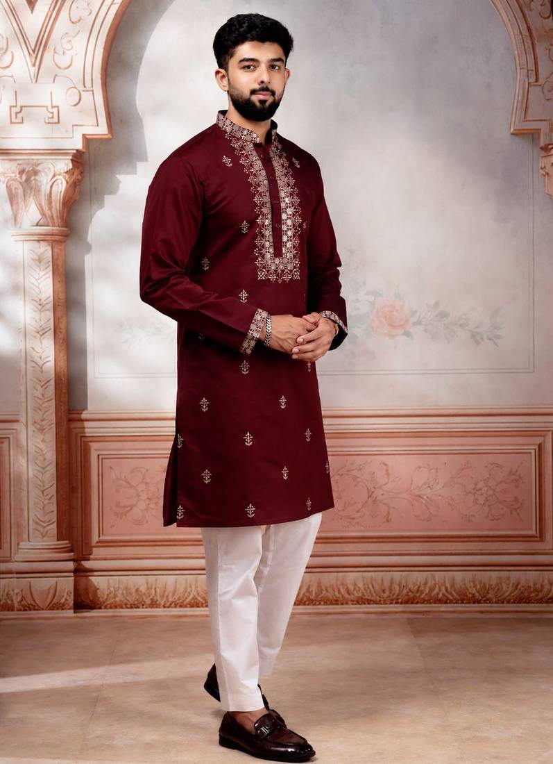 Maroon embroidered fancy kurta payjama for men