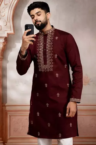 Maroon embroidered fancy kurta payjama for men