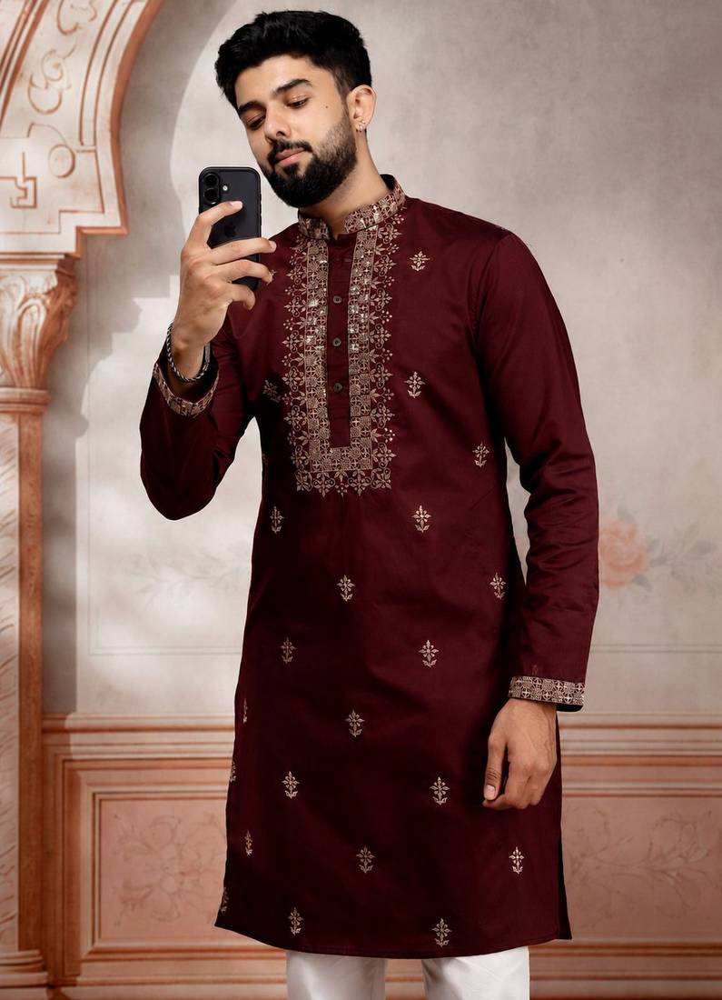 Maroon embroidered fancy kurta payjama for men