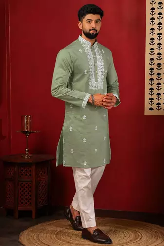 Pista embroidered fancy kurta payjama for men