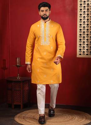 Yellow embroidered fancy kurta payjama for men 1