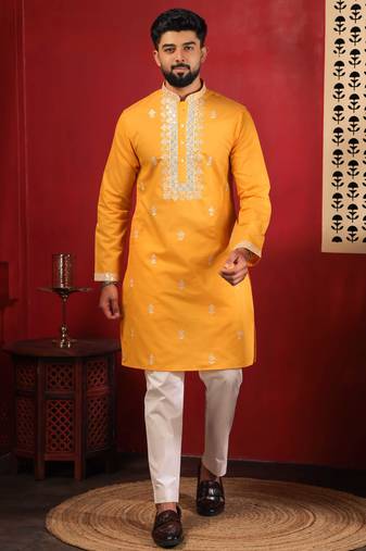 Yellow embroidered fancy kurta payjama for men