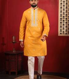 Yellow embroidered fancy kurta payjama for men