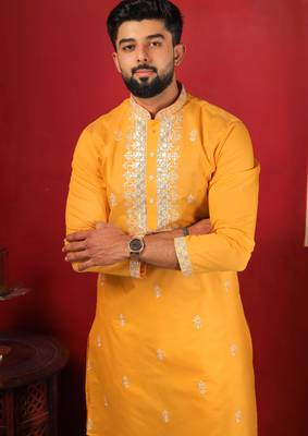 Yellow embroidered fancy kurta payjama for men 3