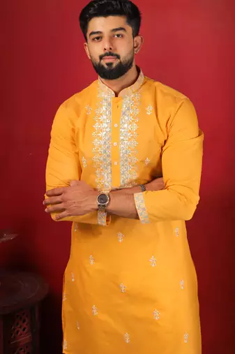Yellow embroidered fancy kurta payjama for men