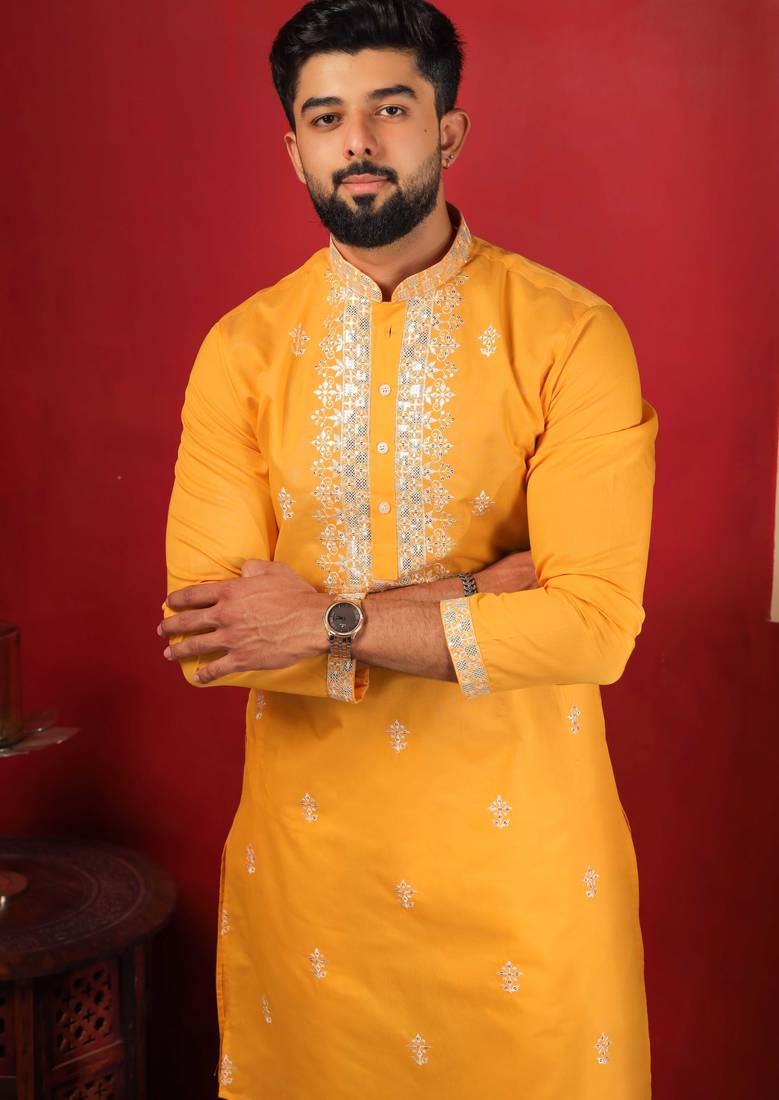 Yellow embroidered fancy kurta payjama for men