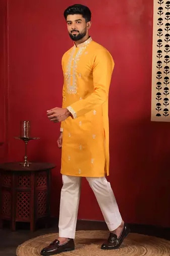Yellow embroidered fancy kurta payjama for men