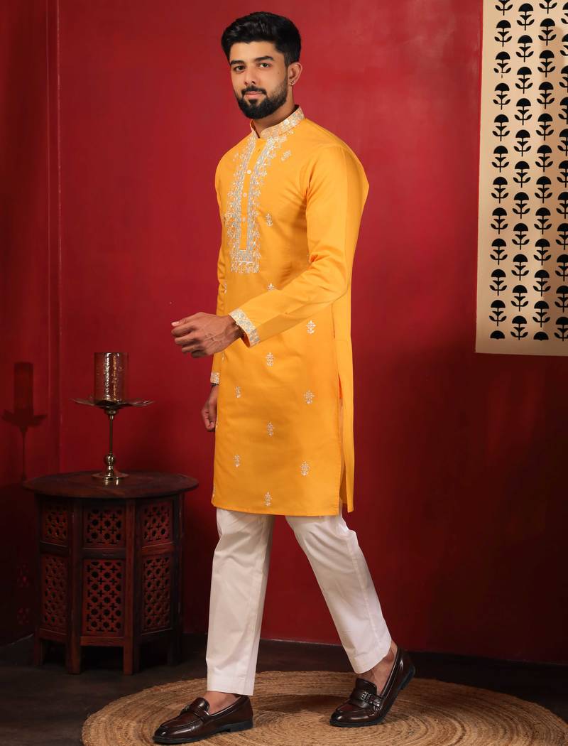 Yellow embroidered fancy kurta payjama for men