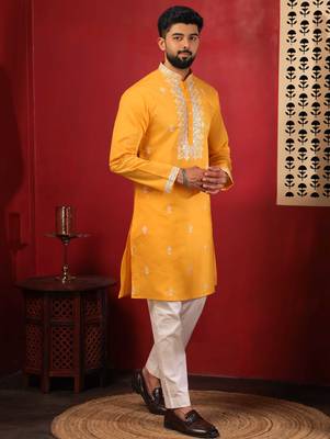 Yellow embroidered fancy kurta payjama for men 5
