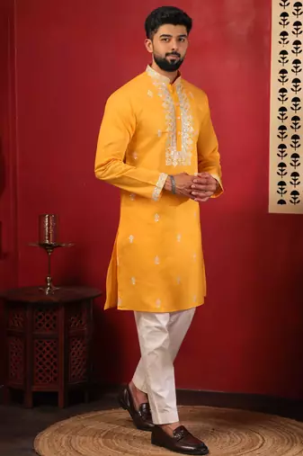 Yellow embroidered fancy kurta payjama for men