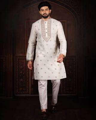 White jacquard work ethnic festive traditional attire for men 1