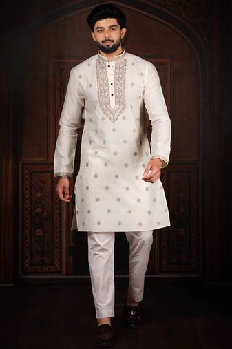 White jacquard work ethnic festive traditional attire for men